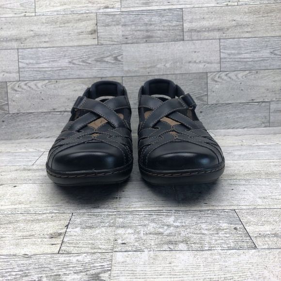 Clarks Shoes Women 9 Navy Blue Leather Comfort Flat Fisherman Sandal Lightweight - Picture 2 of 9